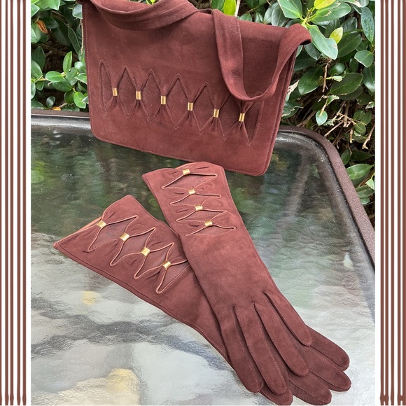 Vintage America Handbags - Vintage Brown Suede Glove & Matching Shoulder Bag Set with Gold Accents